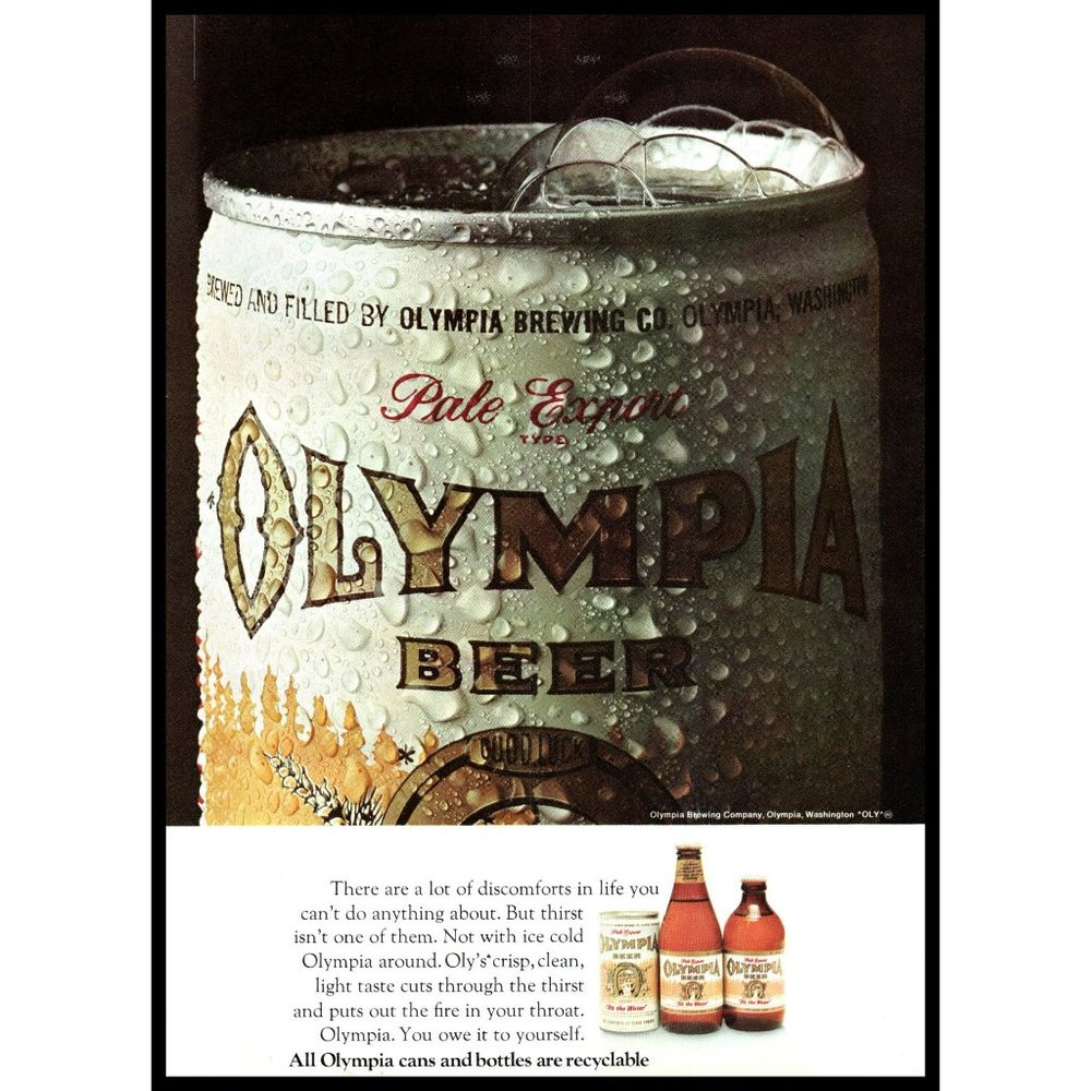 1974 Olympia Beer Frosty Can Vintage Print Ad Wall Art Man Cave Decor Brewiana